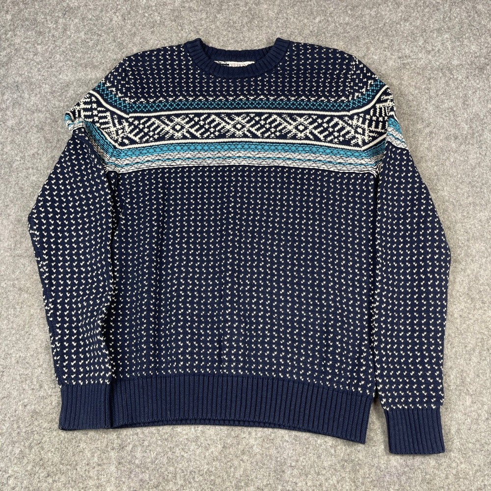 Merona Fair Isle Cotton Crew Neck Pullover Sweater Medium Navy Blue Birdseye